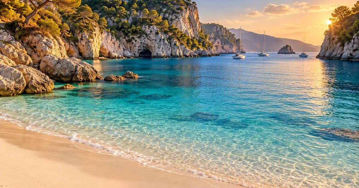Illustration of a sheltered Mediterranean beach cove
