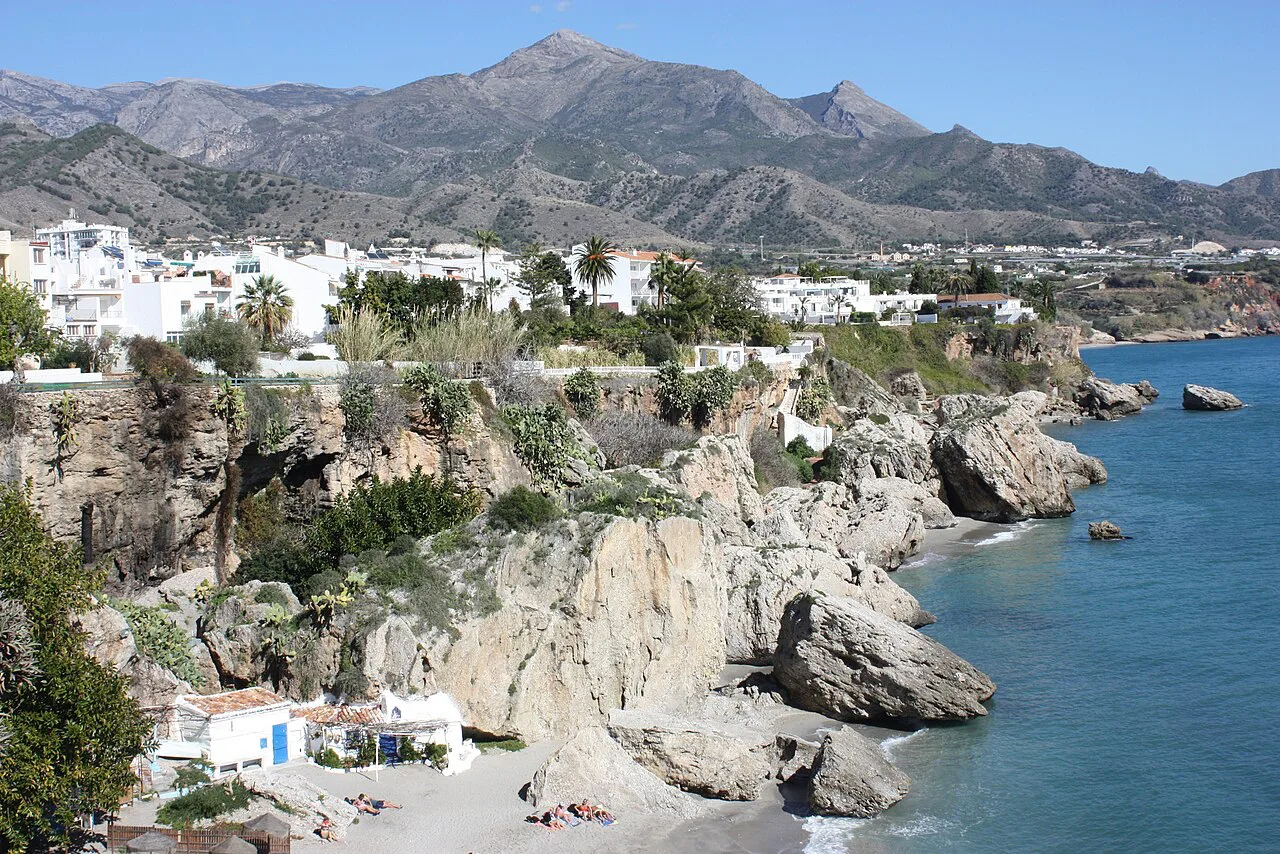 Nerja, view from the Balcón de Europa to the beach "Playa de Calahonda"